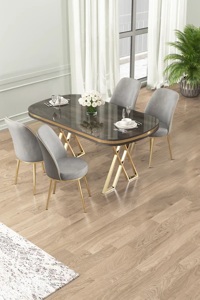 Canisa Lai Serisi 90x168 Lak Panel Antrasit İroni Masa ve 4 Gri Sandalye Gold Kaplama Ayak ürün görseli 1
