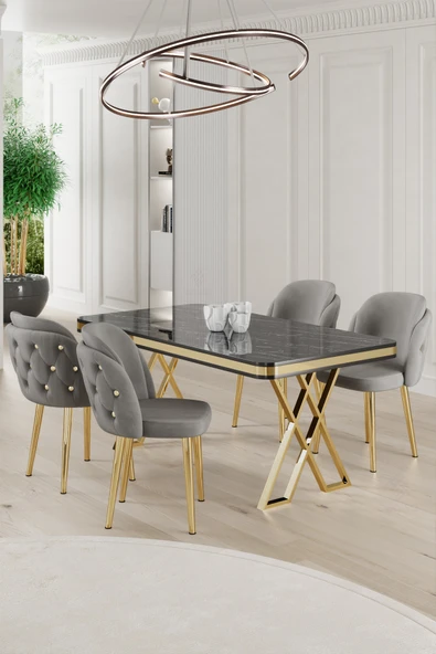 Canisa Rigel Serisi 80x130 Lak Panel Siyah Mermer Desen Masa Takımı Gold Ayaklı 4 Gri Sandalye ürün görseli 1