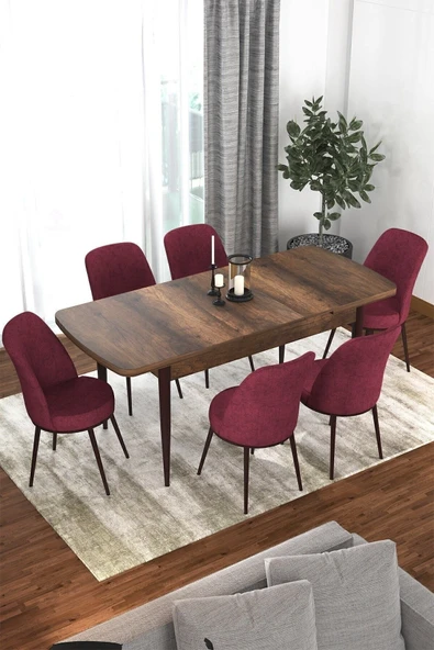 Canisa Kor Serisi 70x114 Açılabilir Mutfak Masası Takımı Barok Desen Masa 6 Bordo Sandalye ürün görseli 1