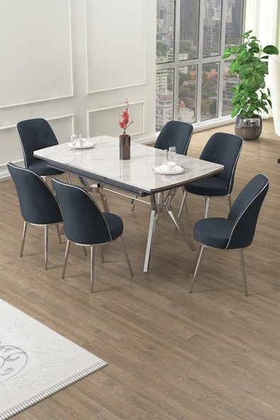 Canisa Poy Serisi 89x150 Açılabilir Lak Panel Beyaz Mermer Desen Masa Takımı 6 Antrasit Sandalye ürün görseli 1