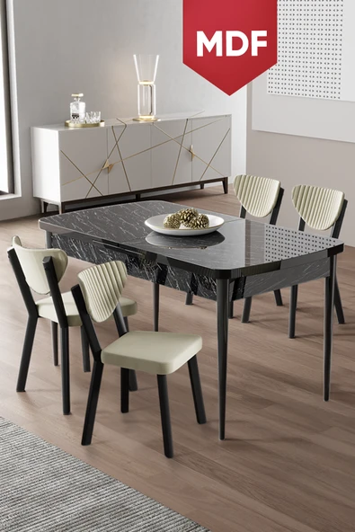 Canisa Exve Serisi 80x132 Açılabilir MDF Siyah Mermer Desen Masa Takımı ve 4 Krem Sandalye ürün görseli 1