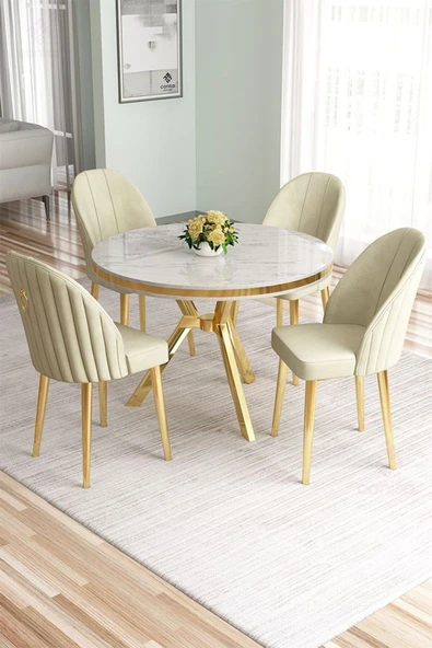 Canisa Mos Serisi 90x90 Lak Panel Beyaz Mermer Desen Gold Kaplama Mutfak Masası Takımı Ve 4 Krem Sandalye ürün görseli 1
