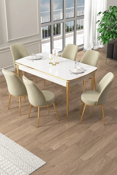 Canisa Pale Serisi 80x132 Açılabilir Beyaz Mutfak Masa Takımı 6 Krem Sandalye Gold Detay ürün görseli 1
