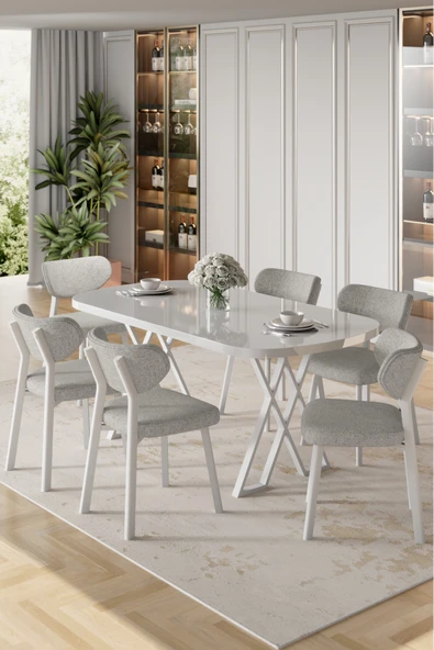 Canisa Axton Serisi Sabit Mdf 90x168 Beyaz Mutfak Masa Takımı 6 Gri Sandalye ürün görseli 1