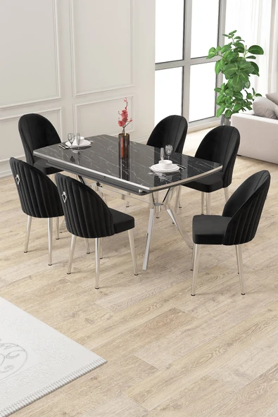 Canisa Sim Serisi 89x150 Açılabilir Lak Panel Siyah Mermer Krom Ayak Masa Takımı ve 6 Siyah Sandalye ürün görseli 1