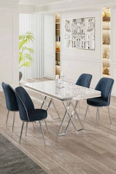 Canisa Vals Serisi 80x130 Lak Panel Beyaz Mermer Desen Masa Takımı Krom Ayaklı 4 Antrasit Sandalye ürün görseli 1