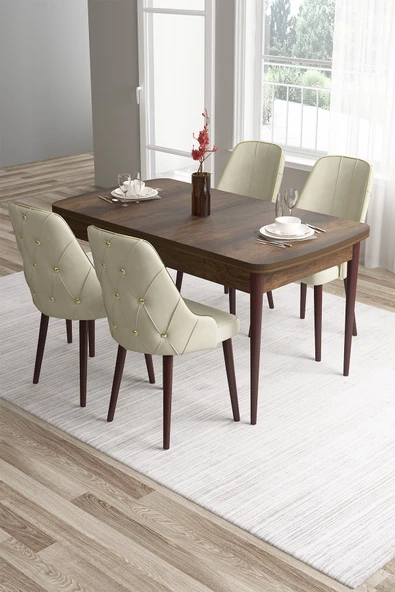Canisa Tia Serisi 80x132 Açılabilir Mdf Mutfak Masası Takımı Barok Desen Masa 4 Krem Sandalye ürün görseli 1