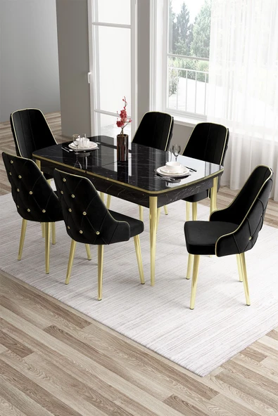 Canisa Tia Serisi 80x132 Açılabilir Siyah Mermer Desen Gold Detay Masa Takımı Ve 6 Siyah Sandalye ürün görseli 1