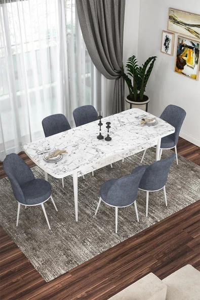 Canisa Kor Serisi, Beyaz Mermer Desen 70x114 Açılabilir Yemek Masa Takımı,6 Füme Sandalye ürün görseli 1