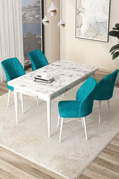 Canisa Arp Serisi 70x110 Sabit Mutfak Masası Takımı Beyaz Mermer Desen Masa 4 Turkuaz Sandalye ürün görseli 1