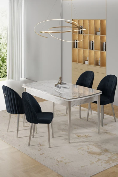 Canisa Rada Serisi 80x132 Açılabilir Lak Panel Beyaz Mermer Desen Masa 4 Antrasit Sandalye Krom Detay ürün görseli 1