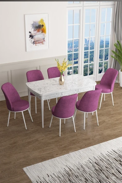Canisa Han Serisi 70x114 Açılabilir Mdf Mutfak Masası Takımı Beyaz Mermer Desen Masa 6 Kiremit Sandalye ürün görseli 1