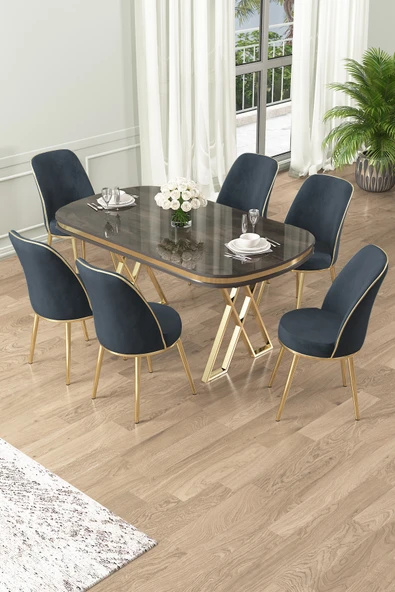 Canisa Lai Serisi 90x168 Lak Panel Antrasit Ironi Gold Ayak Masa Takımı 6 Antrasit Sandalye ürün görseli 1