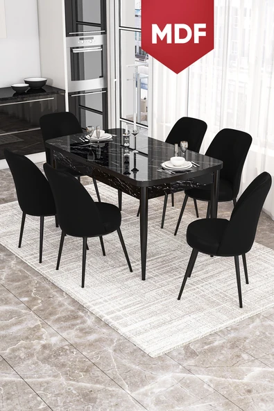 Canisa Kor Serisi 70x114 Açılabilir MDF Mutfak Masası Takımı Siyah Mermer Desen Masa 6 Siyah Sandalye ürün görseli 1