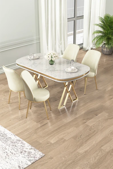 Canisa Lai Serisi 90x168 Lak Panel Beyaz Mermer Desen Masa ve 4 Krem Sandalye Gold Kaplama Ayak ürün görseli 1