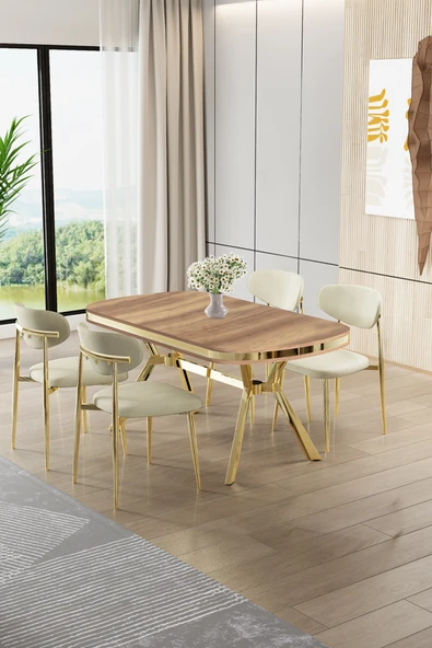 Canisa Olya Serisi 90x168 MDF Sabit Lak Panel Hazar Masa Takımı Gold Ayaklı 4 Krem Sandalye ürün görseli 1