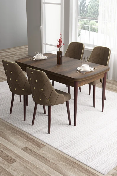 Canisa Tia Serisi 80x132 Açılabilir Mdf Barok Ahşap Desen Gold Detay Masası Takımı Ve 4 Kahve Sandalye ürün görseli 1