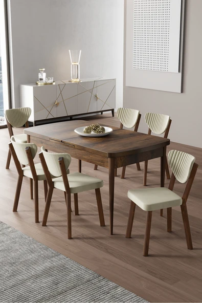 Canisa Exve Serisi 80x132 Açılabilir Barok Ahşap Desen Masa Takımı ve 6 Krem Sandalye ürün görseli 1