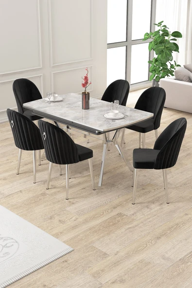 Canisa Sim Serisi 89x150 Açılabilir Lak Panel Rampla Gri Krom Ayak Masa Takımı ve 6 Siyah Sandalye ürün görseli 1