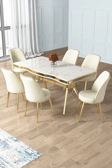 Canisa Prah Serisi 90x160 Lak Panel Beyaz Mermer Desen Gold Ayak Masa Takımı ve 6 Krem Sandalye ürün görseli 1