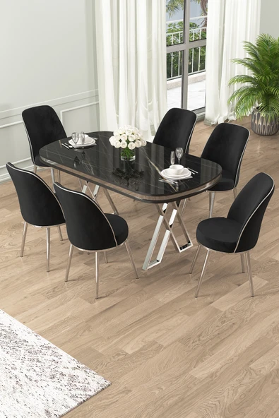 Canisa Lai Serisi 90x168 Lak Panel Sonata Krom Ayak Masa Takımı 6 Siyah Sandalye ürün görseli 1