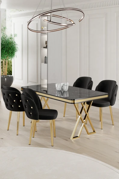 Canisa Rigel Serisi 80x130 Lak Panel Siyah Mermer Desen Masa Takımı Gold Ayaklı 4 Siyah Sandalye ürün görseli 1