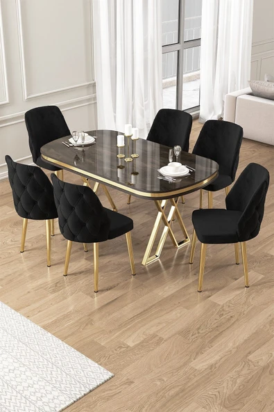 Canisa Afe Serisi 90x168 Lak Panel Antrasit Ironi Gold Ayak Masa Takımı 6 Siyah Sandalye ürün görseli 1