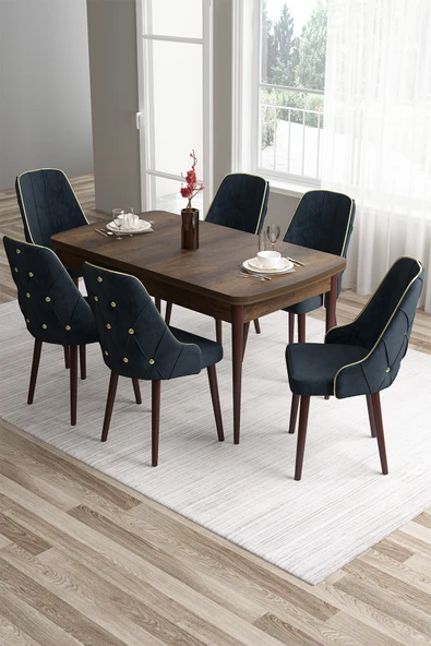 Canisa Tia Serisi 80x132 Mdf Açılabilir Barok Ahşap Desen Gold Detay Masa Takımı Ve 6 Antrasit Sandalye ürün görseli 1