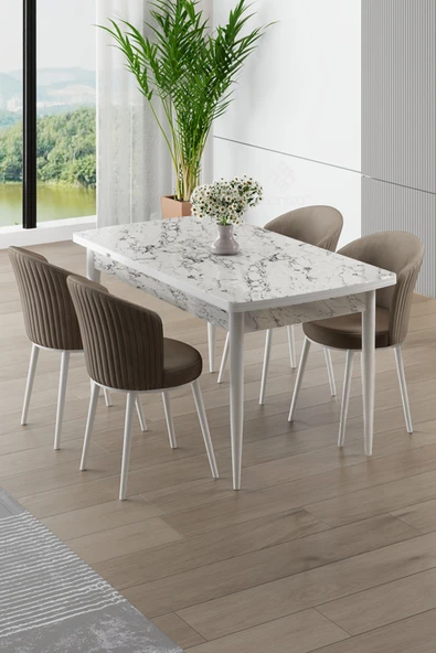 Canisa Asfel Serisi MDF 77x130 Beyaz Mermer Desen Yandan Açılabilir Mutfak Masa Takımı 4 Cappucino Sandalye ürün görseli 1
