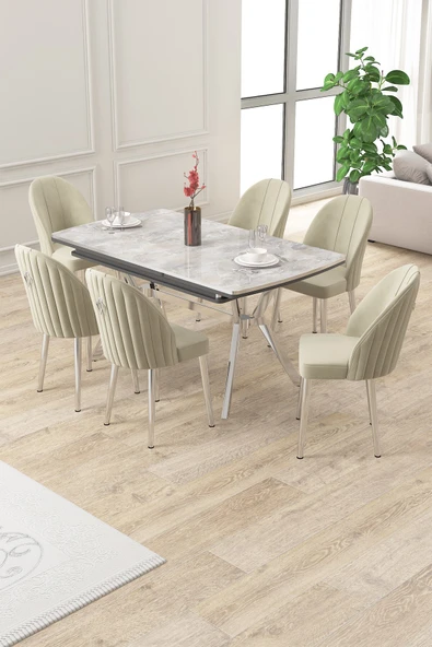 Canisa Sim Serisi 89x150 Açılabilir Lak Panel Rampla Gri Krom Ayak Masa Takımı Ve 6 Krem Sandalye ürün görseli 1