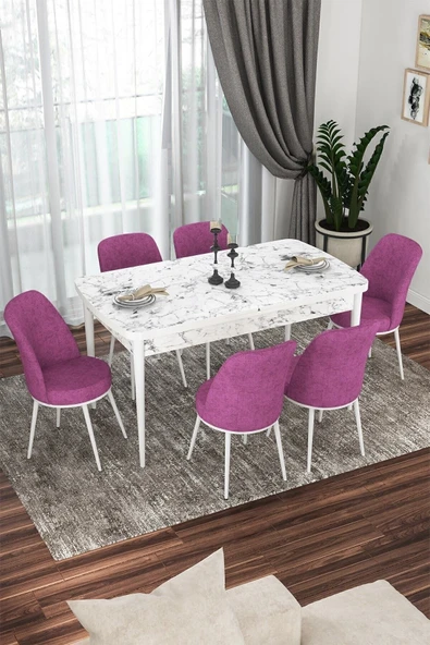 Canisa Kor Serisi 70x114 Açılabilir Mutfak Masası Takımı Beyaz Mermer Desen Masa 6 Mor Sandalye ürün görseli 1
