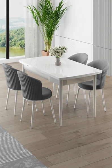 Canisa Asfel Serisi MDF 77x130 Beyaz Yandan Açılabilir Mutfak Masa Takımı 4 Gri Sandalye ürün görseli 1