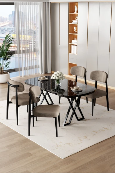 Canisa Jolin Serisi Mdf 90x168 Siyah Mermer Desen Masa Takımı 4 Cappucino Metal Sandalye ürün görseli 1