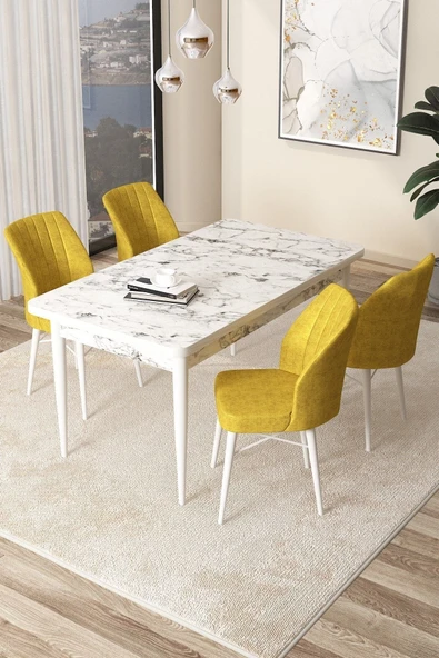 Canisa Arp Serisi 70x110 Sabit Mutfak Masası Takımı Beyaz Mermer Desen Masa 4 Hardal Sandalye ürün görseli 1