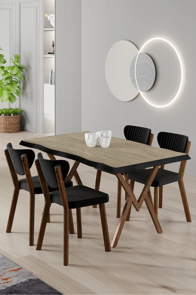 Canisa Akort Serisi MDF Sabit 80x130 Traverten Mutfak Masa Takımı 4 Siyah Sandalye ürün görseli 1