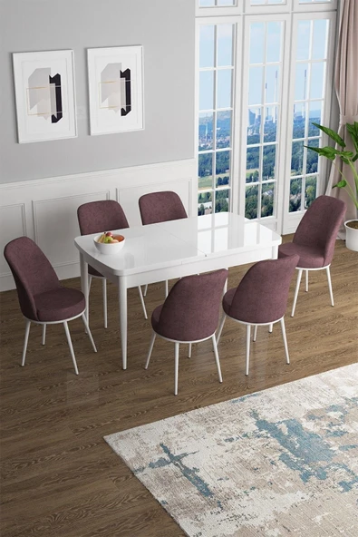 Canisa Han Serisi, Beyaz 70x114 Açılabilir Mdf Mutfak Masa Takımı, 6 Gülkurusu Sandalye ürün görseli 1