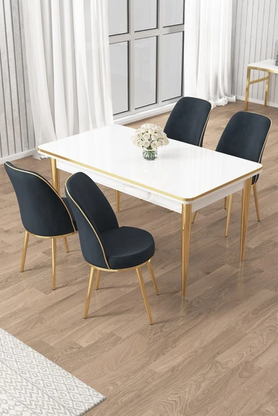 Canisa Rewa Serisi 70x110 Sabit Beyaz Gold Detay Masa Takımı ve 4 Antrasit Sandalye ürün görseli 1