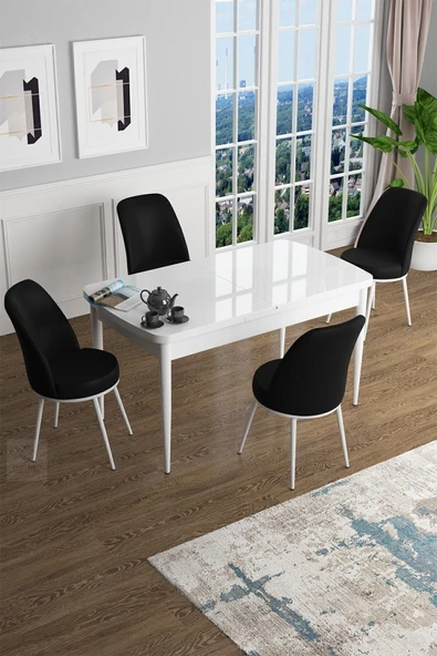Canisa Han Serisi 70x114 Açılabilir Mdf Mutfak Masası Takımı Beyaz Masa 4 Siyah Sandalye ürün görseli 1