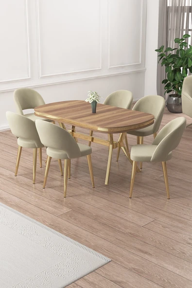 Canisa Jita Serisi 90x168 Lak Panel Hazar Gold Ayak Masa Takımı ve 6 Krem Sandalye ürün görseli 1
