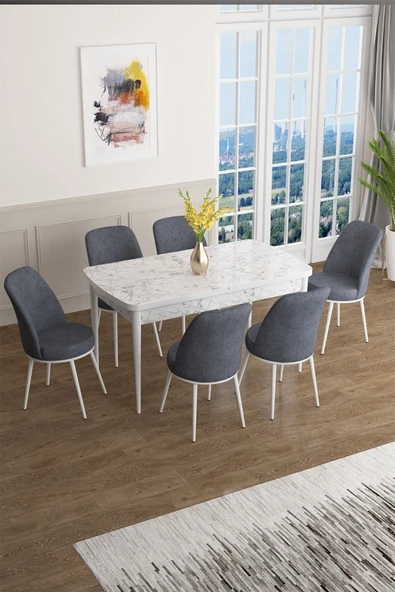Canisa Han Serisi 70x114 Açılabilir Mdf Mutfak Masası Takımı Beyaz Mermer Desen Masa 6 Füme Sandalye ürün görseli 1
