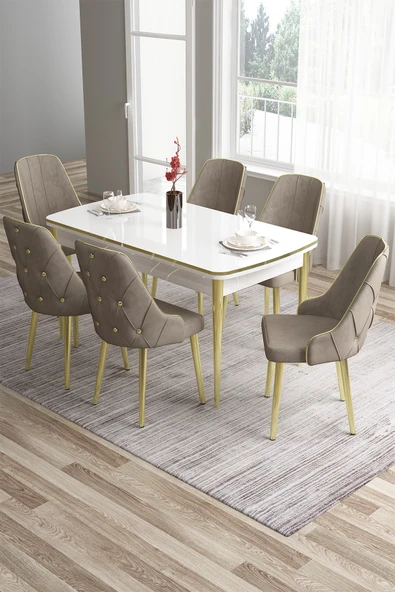 Canisa Tia Serisi 80x132 Açılabilir Mdf Mutfak Masası Takımı Beyaz Masa Gold Detay 6 Cappucino Sandalye ürün görseli 1