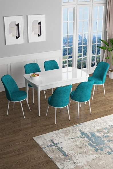 Canisa Han Serisi 70x114 Açılabilir Mdf Mutfak Masası Takımı Beyaz Masa 6 Turkuaz Sandalye ürün görseli 1