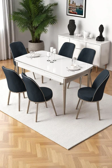 Canisa Nira Serisi 70x114 Mdf Açılabilir Beyaz Masa Takımı 6 Antrasit Sandalye Krom Detay ürün görseli 1