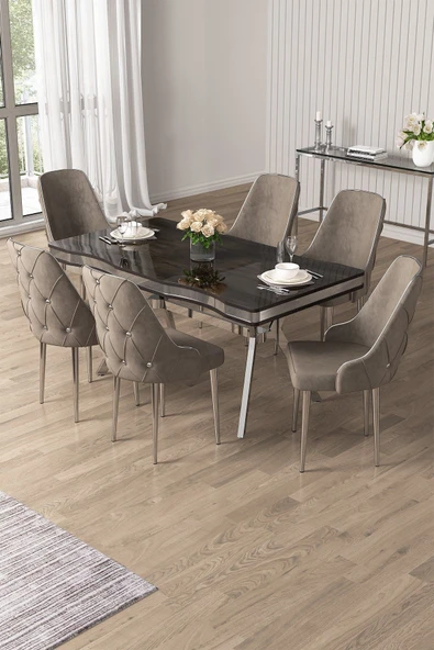 Canisa Vae Serisi 90x160 Lak Panel Antrasit İroni Krom Ayak  Masa Takımı 6 Cappucino Sandalye ürün görseli 1
