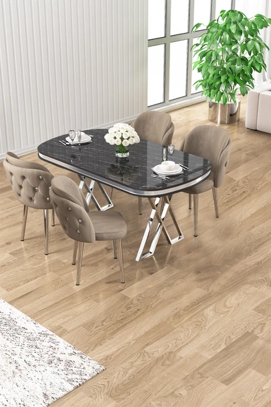 Canisa Zae Serisi 90x168 Lak Panel Siyah Mermer Desen Krom Ayak Masa Takımı 4 Cappucino Sandalye ürün görseli 1
