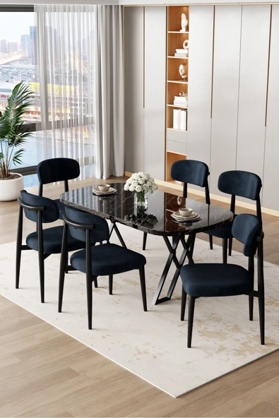 Canisa Jolin Serisi Mdf 90x168 Siyah Mermer Desen Masa Takımı 6 Antrasit Metal Sandalye ürün görseli 1