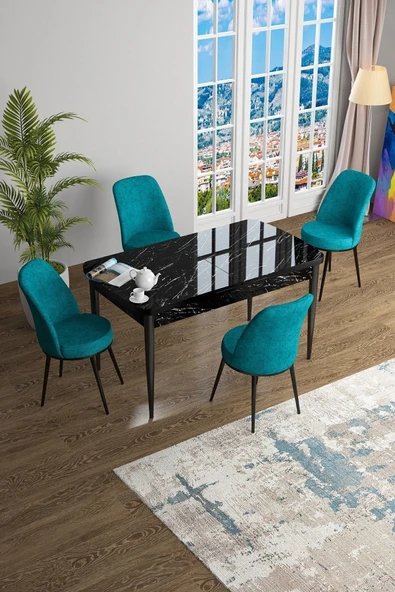 Canisa Han Serisi, Siyah Mermer Desen 70x114 Açılabilir Mdf Mutfak Masa Takımı, 4 Turkuaz Sandalye ürün görseli 1