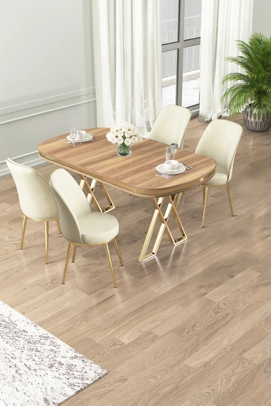 Canisa Lai Serisi 90x168 Lak Panel Hazar Masa ve 4 Krem Sandalye Gold Kaplama Ayak ürün görseli 1