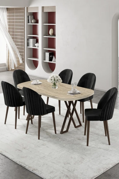 Canisa Kaye Serisi Mdf 90x168 Traverten Mutfak Masası Takımı 6 Siyah Sandalye ürün görseli 1