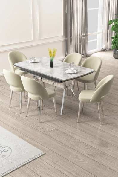 Canisa Weps Serisi 89x150 Açılabilir Lak Panel Rampla Gri Krom Ayak Masa Takımı ve 6 Krem Sandalye ürün görseli 1